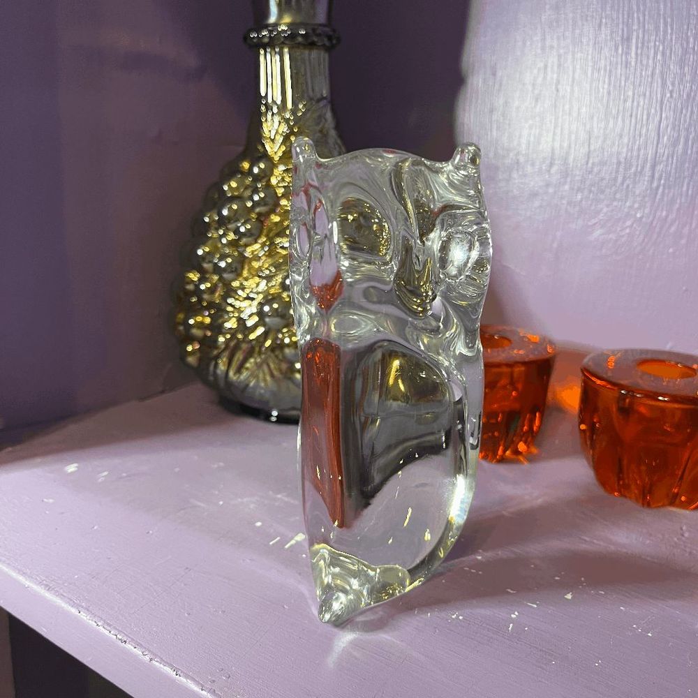 Vintage Clear Glass Handmade Big Bellied Owl Paper Weight